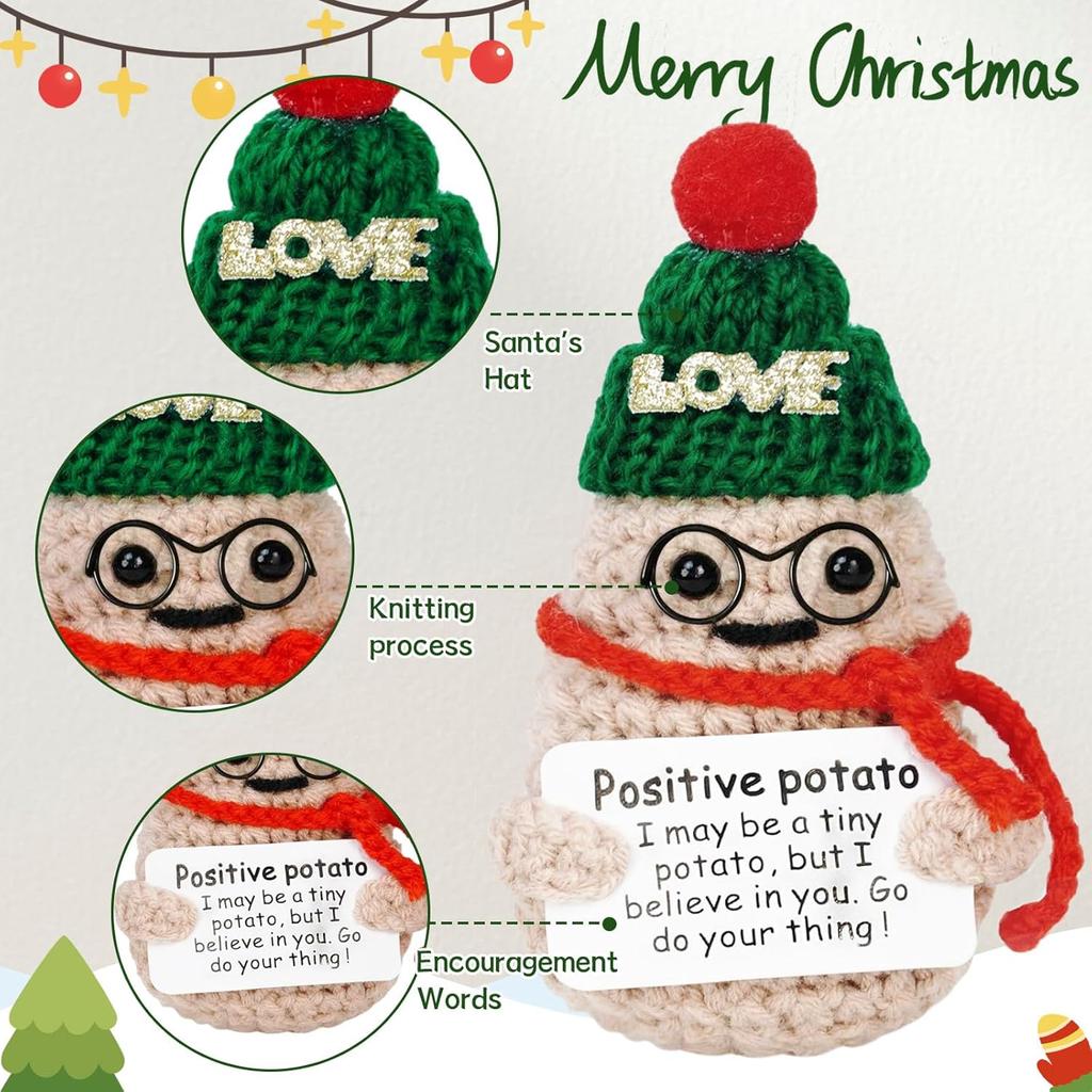 Christmas Home Decoration Crochet Positive Xmas Glasses Potato Doll with Card Handmade Wool Knitted Potato Ornament Party Decor
