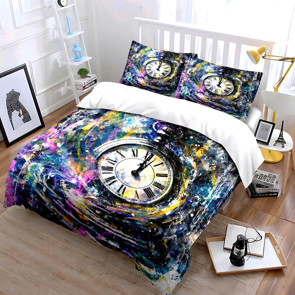Abstract Clock Art Decor Set Bedding Set with 1 Duvet Cover 2 Pillowcases Single Double King Queen, Gift