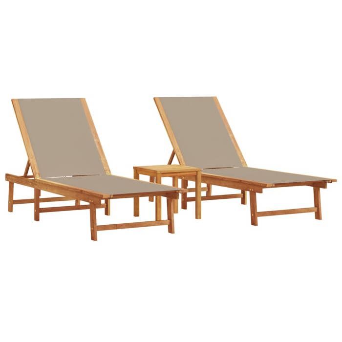 VidaXL Chaises longues lot de 2 table taupe bois d'acacia et textilène, lit de soleil, lit de repos, chaise longue 3279255
