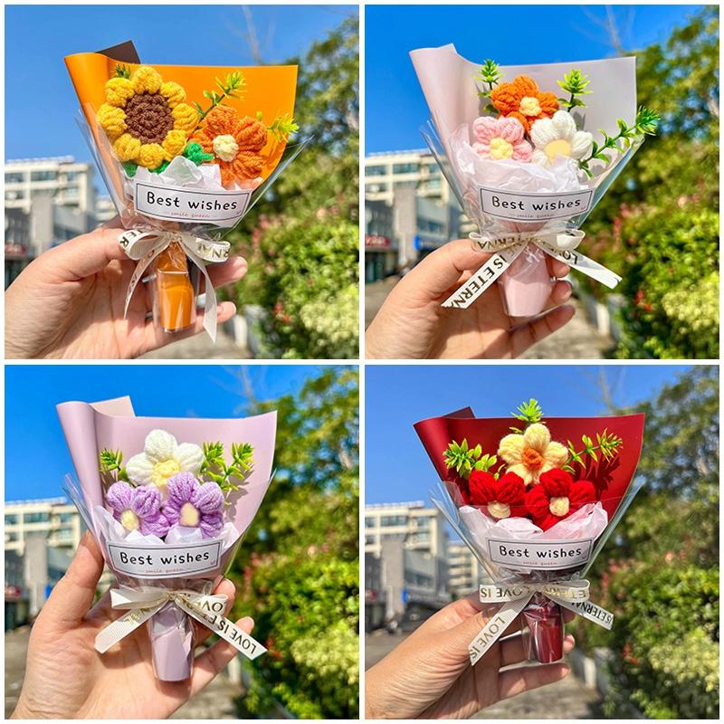 Valentine'S Day Mini Bouquet Artificial Rose Flowers Handmade Crochet Flower Bouquet Christmas Wedding Party Gifts Home Decor
