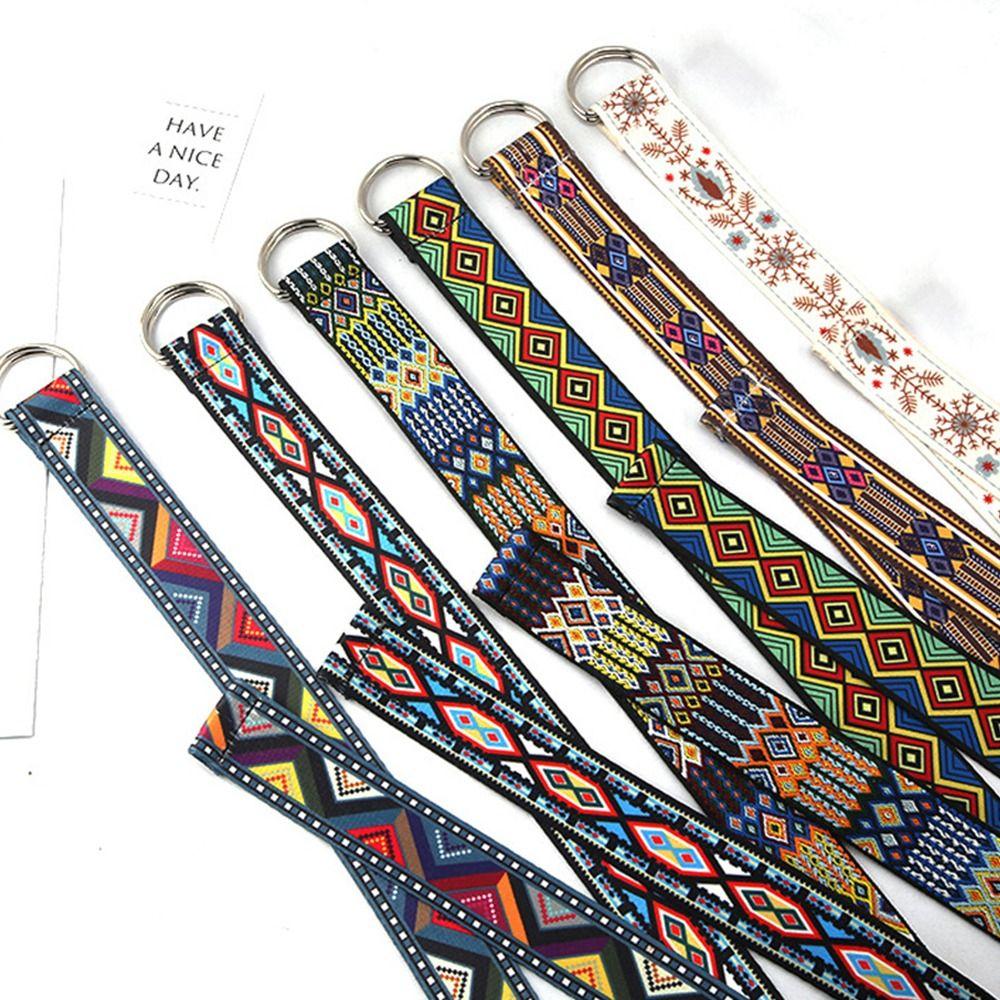 Ethnic Style Trend Weave Waist Band Canvas Strap Nylon Braided Belt Double Ring Buckle Waistband