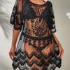 Sexy Beach Bikini Cover-up V-neck Half Sleeve Embroidery Flower Pattern See-Through Mesh Cover-up Loose Fit Ultra-thin