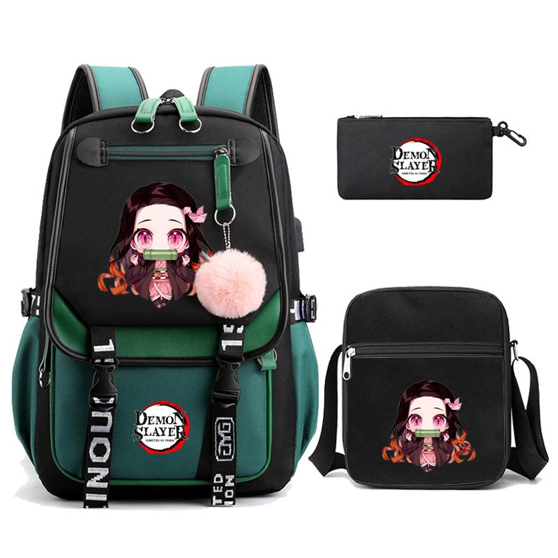 3Pcs/set Demon Slayer Kamado Nezuko Backpacks for Girls Anime School Bag Teenager Student Canvas Laptop Back Pack Women Rucksack