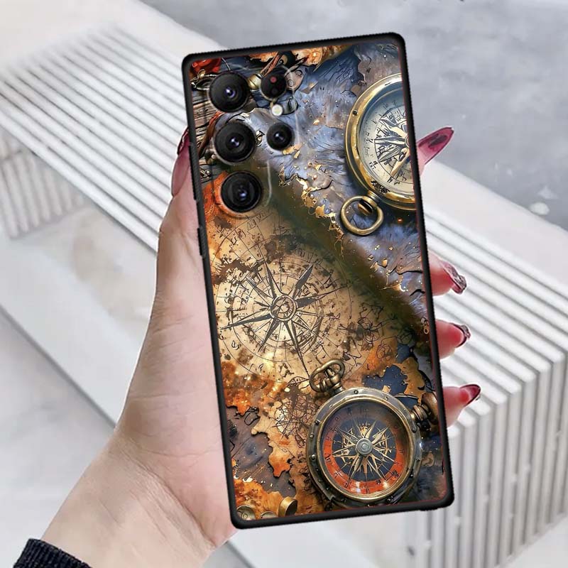 Винтажная иллюстрация компаса Для Samsung Galaxy S26 S25 S24 S23 S22 S21 S20 Ultra Plus FE 5G Черный Мягкий ТПУ Чехол для Телефона