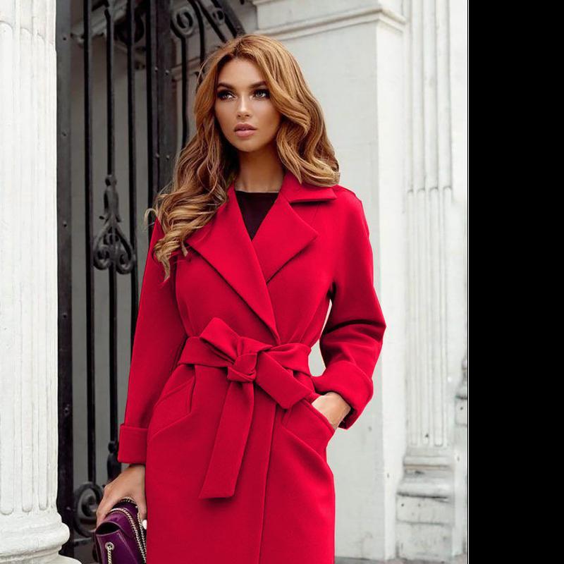 Autumn And Winter Fashion Slim Belt Lapel Woolen Coat