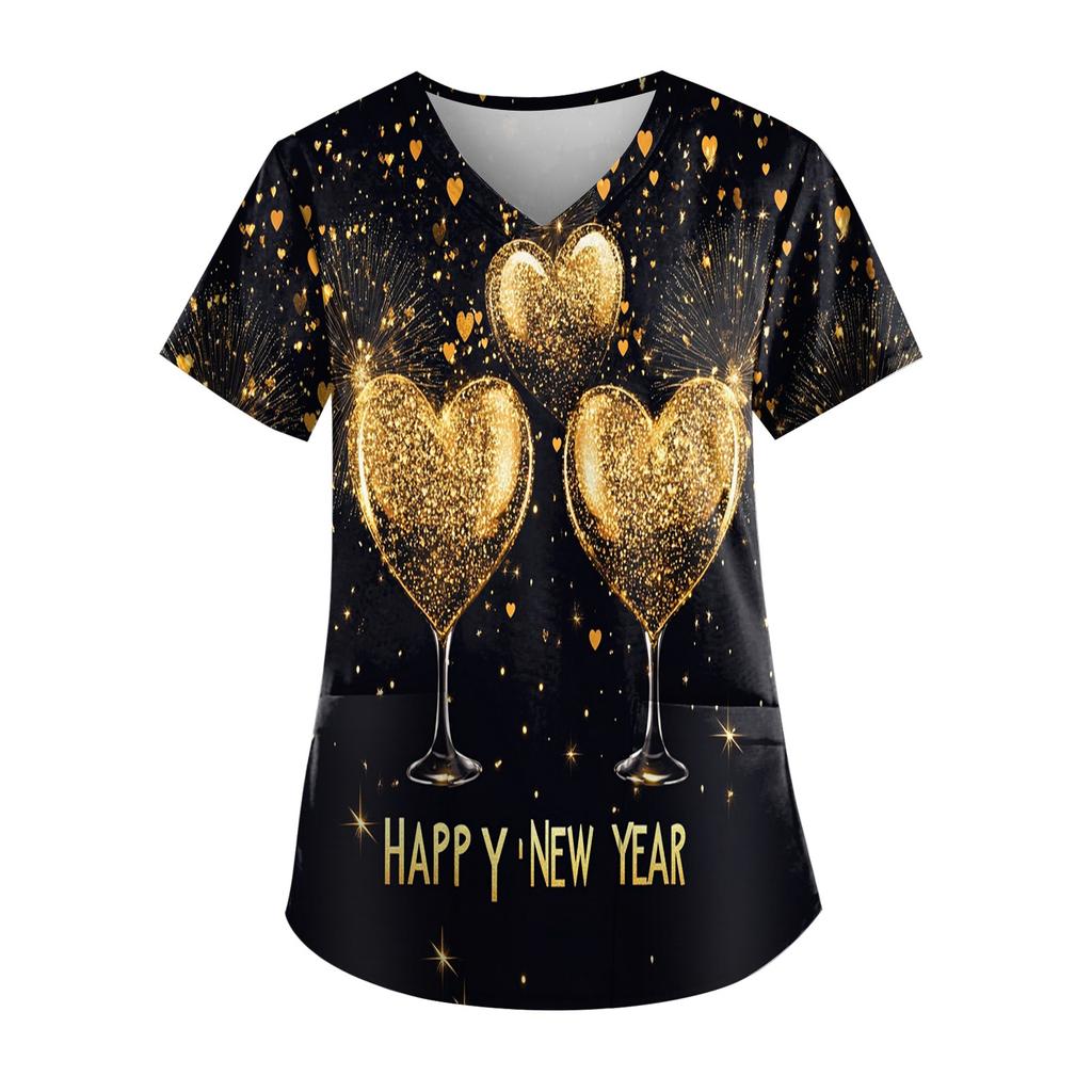 Women's Fashion New Year Printed Short Sleeve V-Neck Top Small Pocket Work T-Shirt