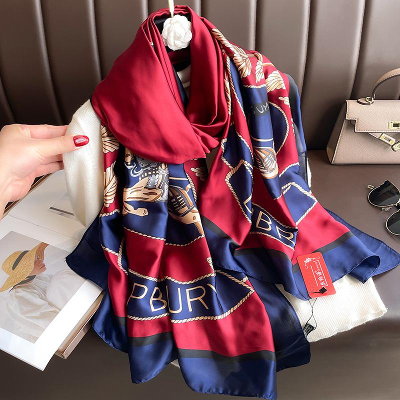 Long Silk Scarf Spring and Summer Thin Style Printed Scarf Beautiful Brocade Lotus Shawl Imitation Silk Scarf Gauze Scarf