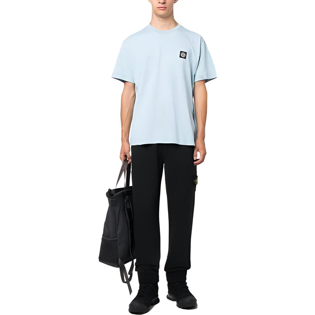 STONE ISLAND Лого Однотонный Пуловер с Круглым Вырезом Прямого Кроя Футболка с Коротким Рукавом Мужские Топы Светло-Голубой 791524113-V0041