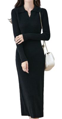 Платье-поло Newsight Knit Long Tight, длинное, облегающее, женское, стройнящее, длина, стильное, стройнящее, рубашка, V-образный вырез, рукава, плотное, элегантное, Осень/Зима (черный)