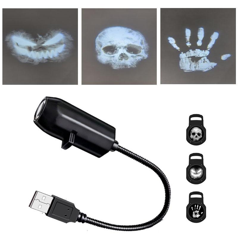 Skull Projection Lamp USB Halloween Night Light Dark Ceiling Wall AtmosphereLight 360Degree Rotating Switchable Pattern Design