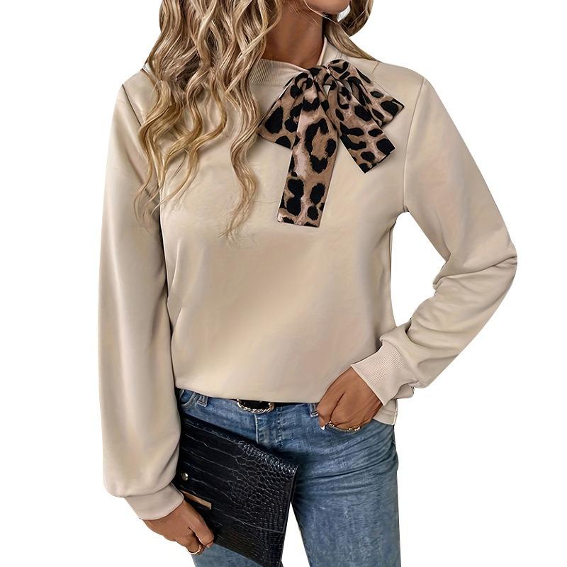 Осенне-зимние леопардовые пуловеры и топы с длинными рукавами и круглым вырезом на шнуровке, свободные повседневные женские топы