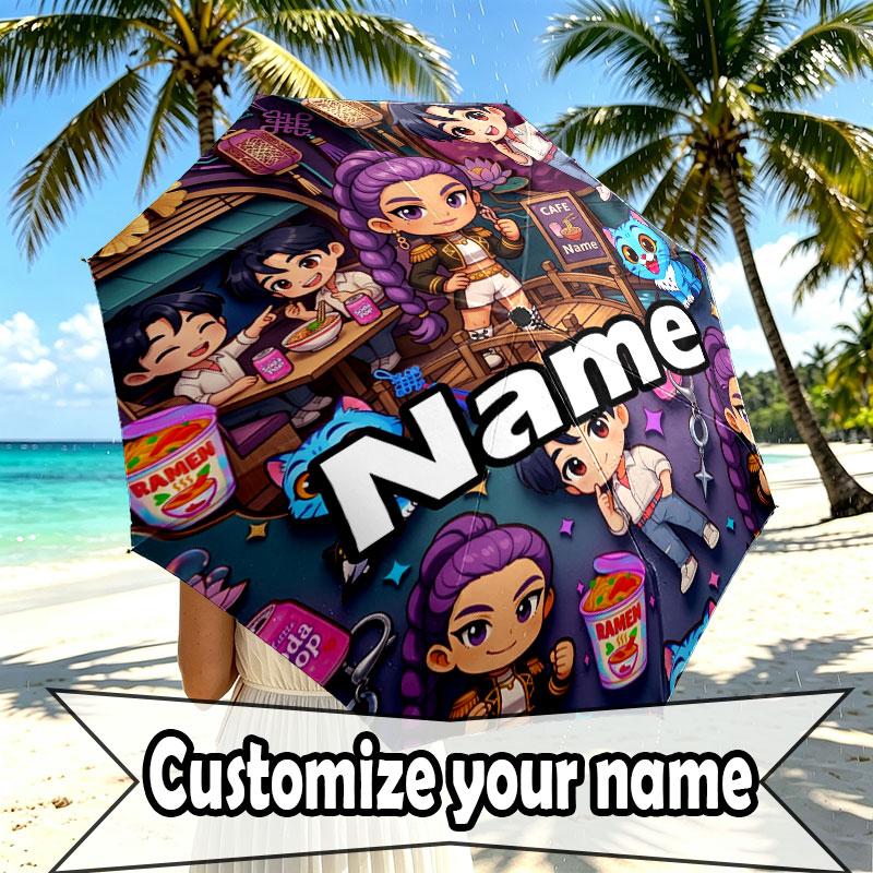 Custom Name Personalized Kpop Demon Hunter Print Umbrella, Auto Open Close, 8‑Rib Sturdy Frame, Commute Camping Hiking Use, Birthday Gift