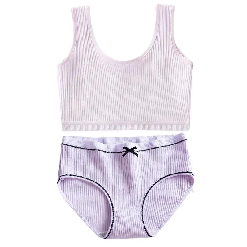 Хлопковые трусики и бюстгальтеры для девочек-подростков, хлопковый тренировочный бюстгальтер и трусики для девочек-подростков, однотонный детский спортивный бюстгальтер, трусы, нижнее белье