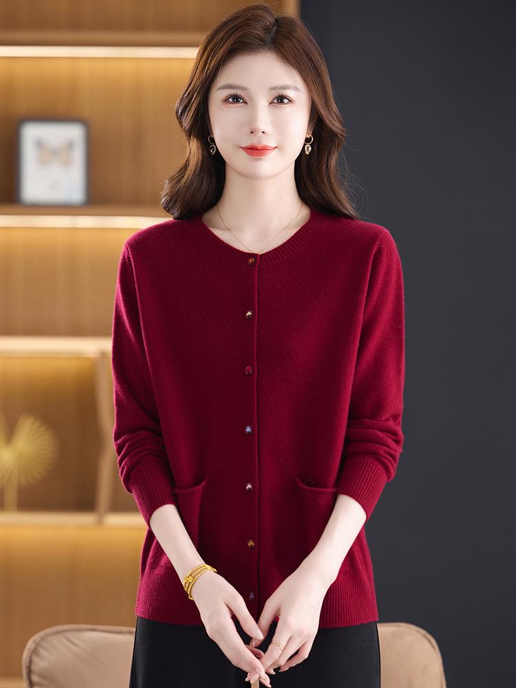 Женский кардиган из 100% чистой шерсти - Новый осенне-зимний свитер с круглым вырезом для мамы