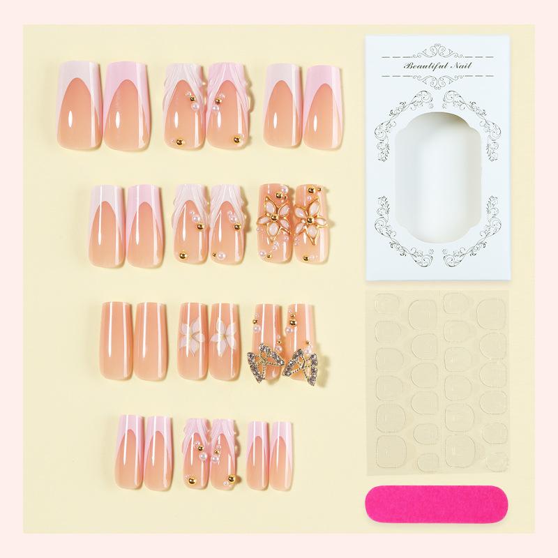 French long water pipe wearing nail light luxury naked powder gilt engraving high-end pearl three-dimensional nail art finished 24 pieces