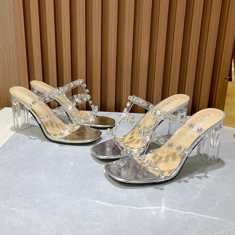 Silver Ladies High Heel Slippers Crystal Heel Sandals