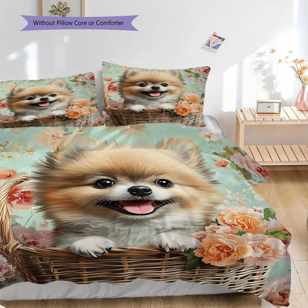 Pomeranian Pattern Bedding Quilt Set Quilt Cover Pillowcase Home Decoration Birthday Gift (1 * duvet cover + 2 * pillowcase, without core)