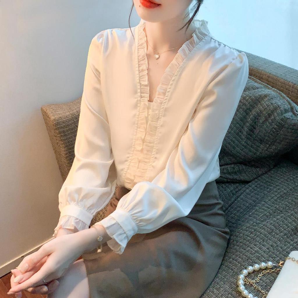 Женская шифоновая рубашка для ранней весны Женская одежда Базовая рубашка с длинным рукавом Маленькая рубашка