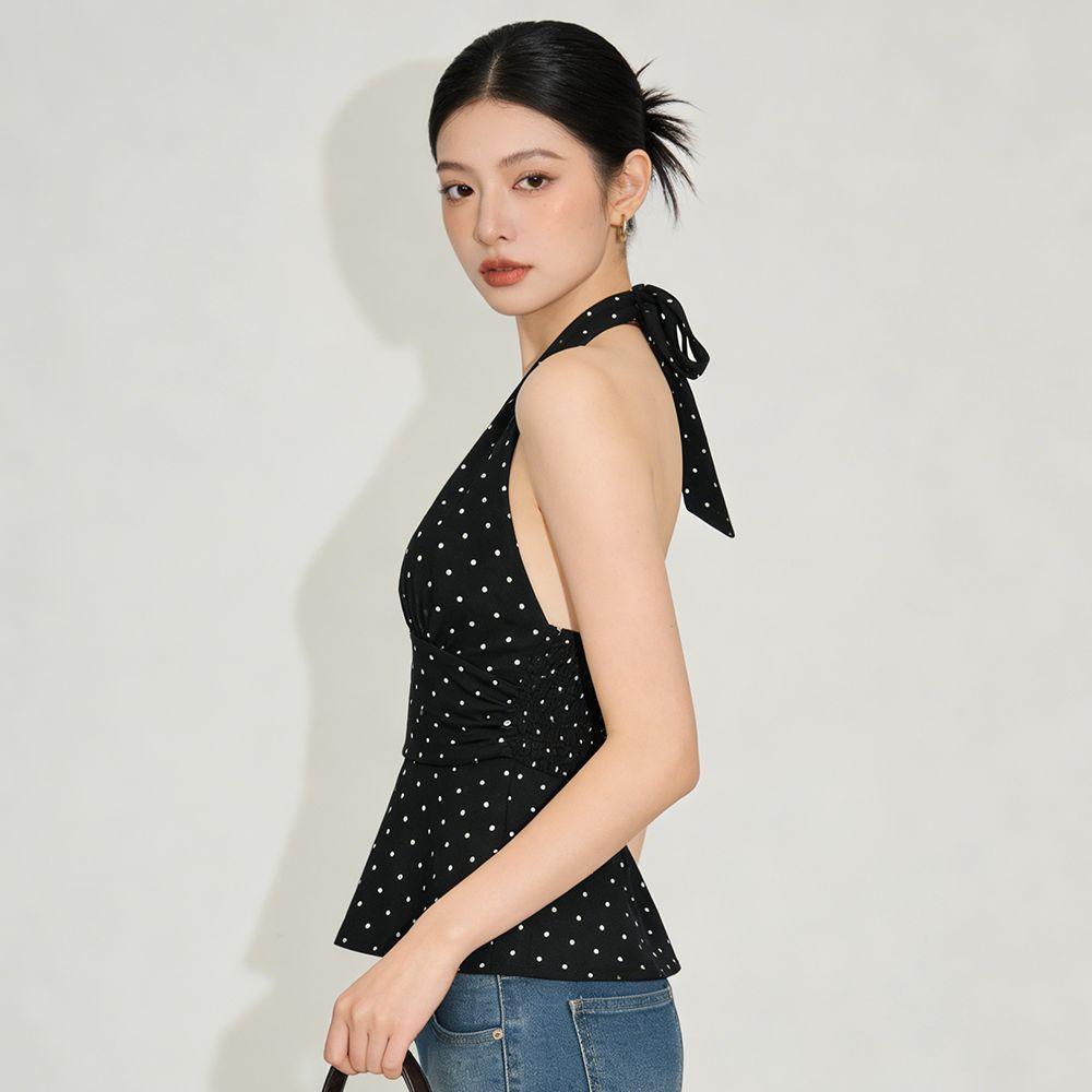 Pleated Lace-up Dots Camisole Sleeveless Hanging Neck Top Ins Style Women Crop Top Lady