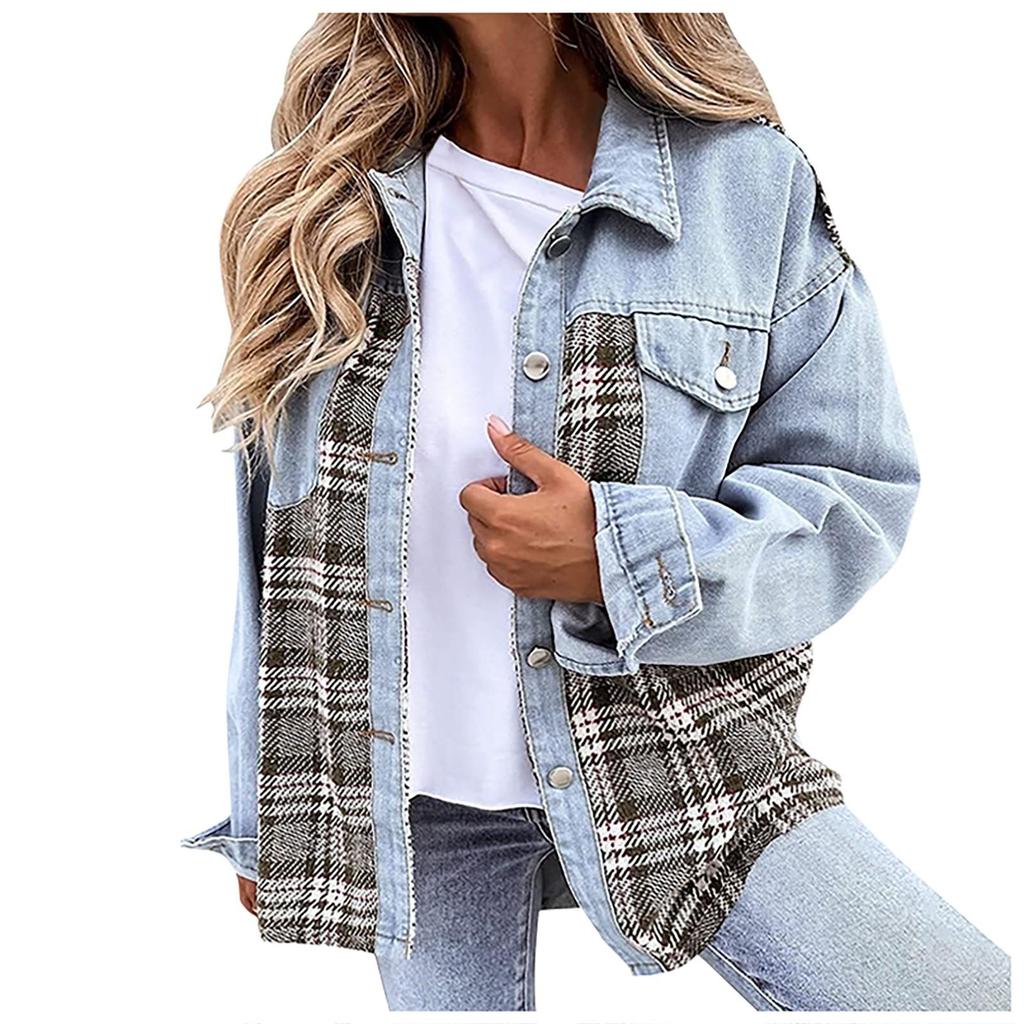 Женская куртка Джинсовая куртка с длинным рукавом в клетку Рубашка на пуговицах Куртка Топ
