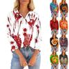 Women's Seven Quarter Sleeved T-shirt V-neck Button Up Shirt With Printed Loose Top For Halloween