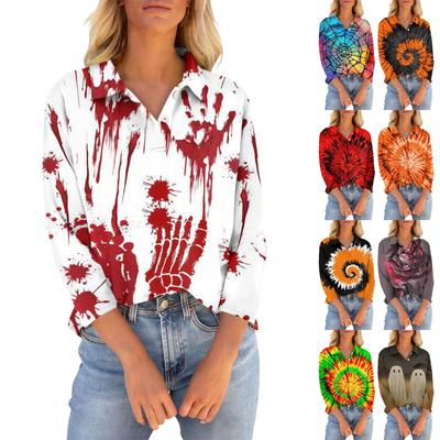 Женская футболка с рукавами семь четвертей, V-образным вырезом, застегивающаяся на пуговицы, с принтом свободного кроя на Хэллоуин