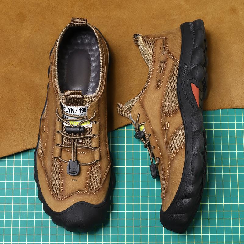 Нескользящие мужские походные туфли из натуральной кожи, дышащие мужские повседневные кроссовки со шнуровкой и сеткой, летняя обувь для активного отдыха