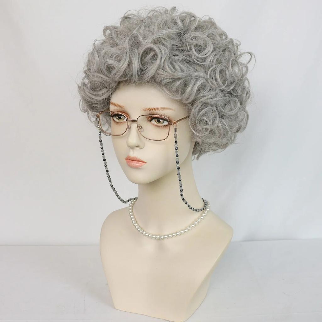 1 очки + 1 ожерелье + короткий серый вьющийся костюм старушки и бабушки, парик для косплея на Хэллоуин, Рождество, школа, День благодарения