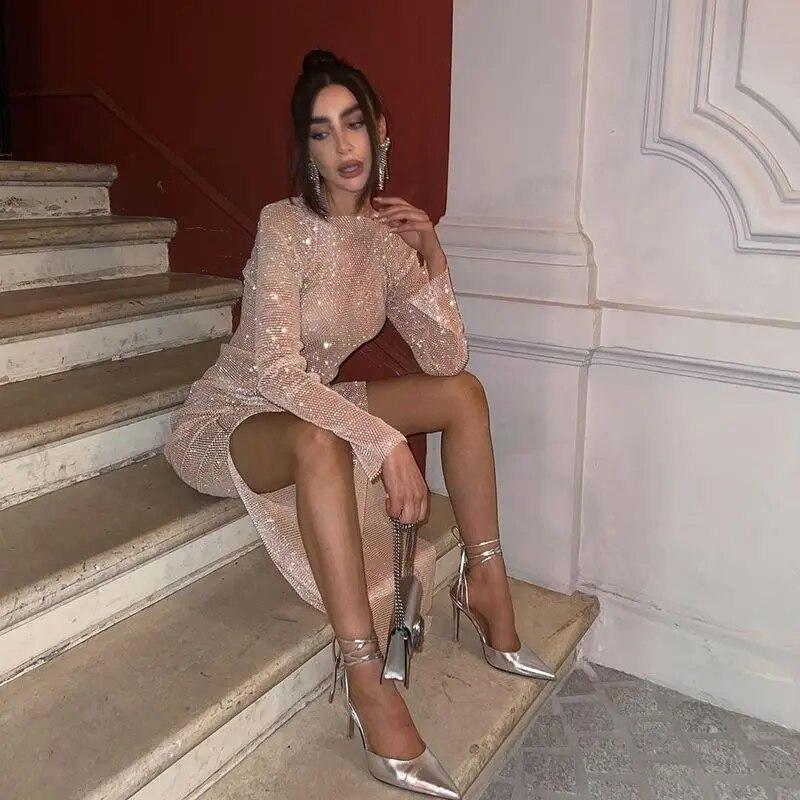 Пользовательские Кристалл Горный Хрусталь Блестящий Дизайнер Сексуальная Рыбалка Сетка Полый Боковой Разрез Платье Пакет Бедра Длинное Платье Сексуальный Наряд S3503