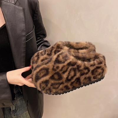 Модные леопардовые тапочки на платформе с мехом, женские домашние хлопковые туфли, зимние теплые повседневные плюшевые мюли, тренд 2025, шлепанцы, женские зимние ботинки