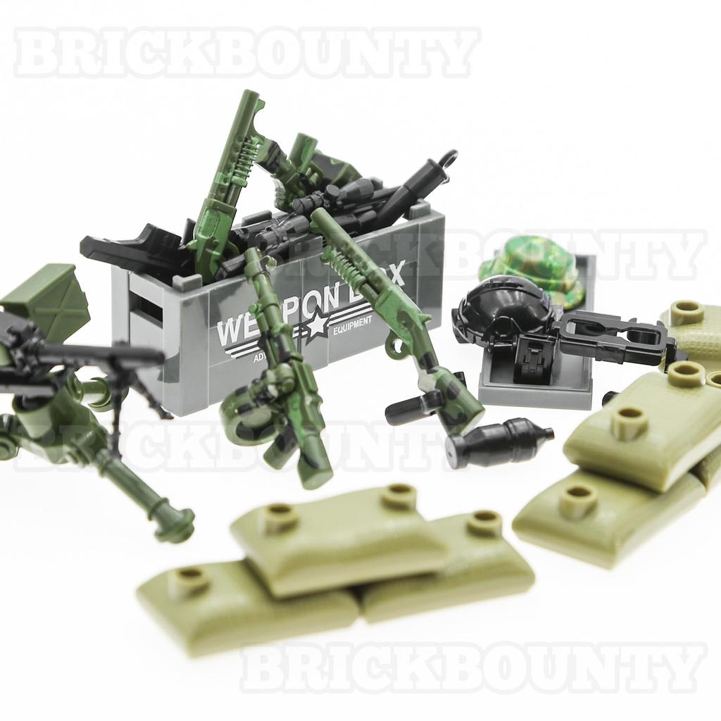 BrickBounty Guns Weapons Weapon Pack Compatible with Major Brand Building Includes Military WWII Military SWAT and Ammo 130-Pcs - - Blocks, Helmets,