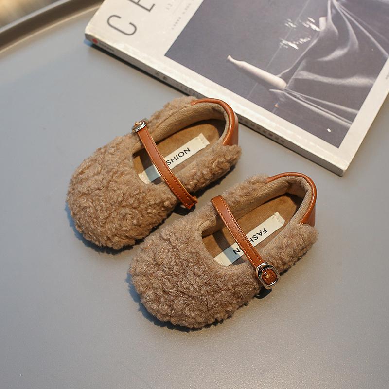 Детская зимняя обувь для девочек, теплая, пушистая, повседневная обувь для малышей, модная, универсальная, с круглым носком, детская, хлопковая, плоская, простая