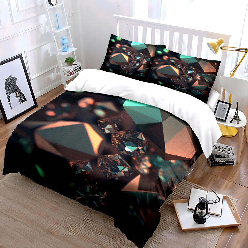 Iridescent Teal Brown Crystal Gem Duvet Cover Set, 3D Geometric Stone Bedding Includes 1 Duvet Cover And 2 Pillowcase, Gift