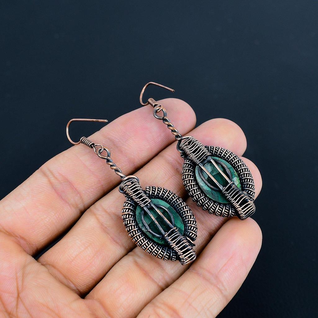 Серьги из малахита, украшения из меди 999 пробы с проволочной оплеткой, подарок для женщин, серьги ручной работы, украшения с драгоценными камнями