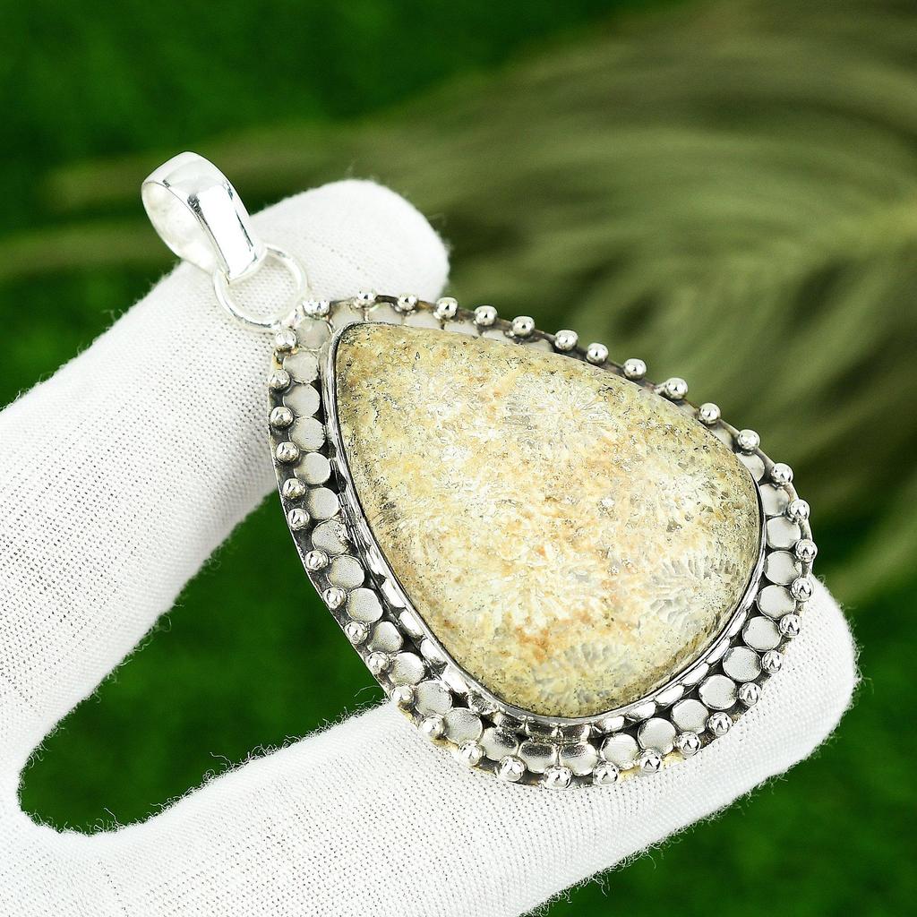Wedding Gift For Her 925 Sterling Silver Natural Fossil Coral Gemstone Pendant