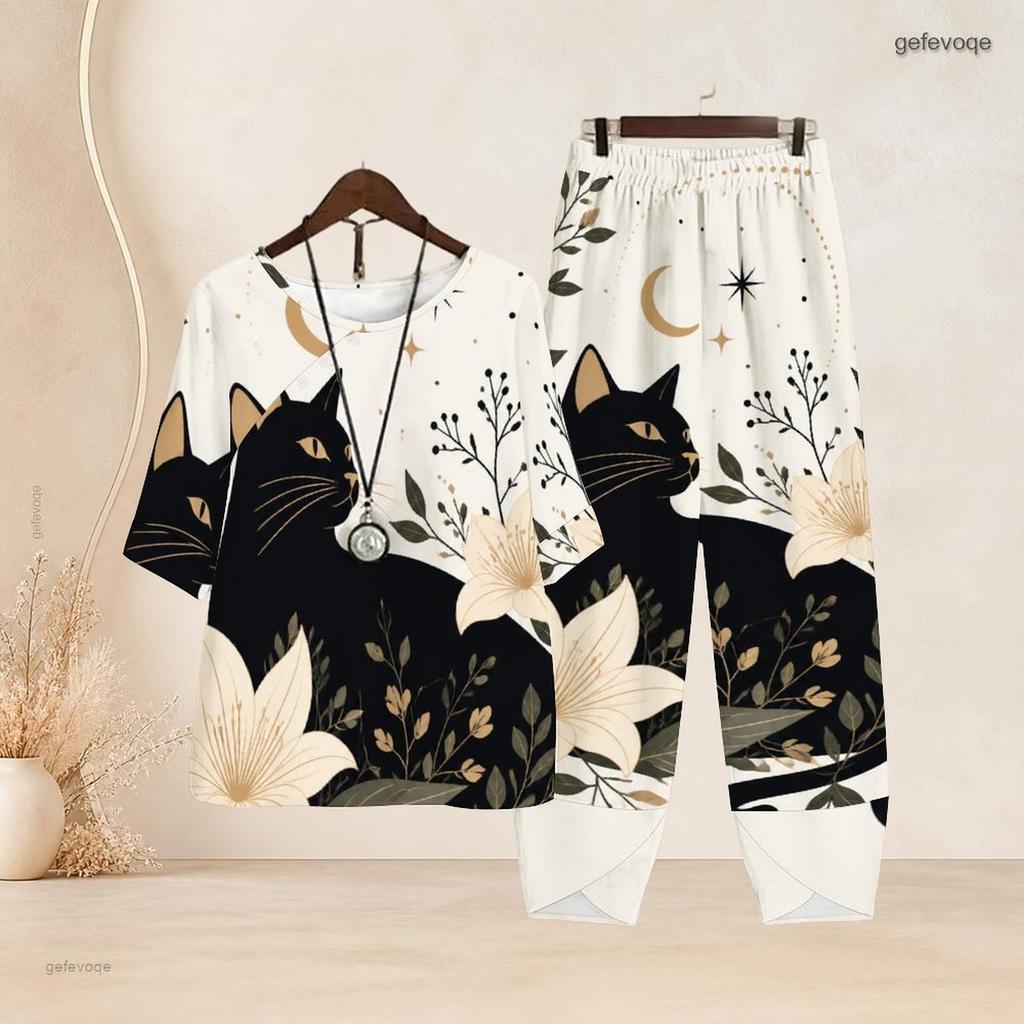 Women Plus Size Round Neck Butterfly Floral Printed Half Sleeve Top Cross Hem Pants Two Piece Set