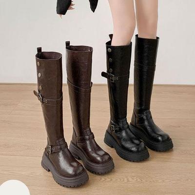 Женские черные ботфорты 2025 - Стильные длинные ботинки на толстой подошве в рыцарском стиле для осени