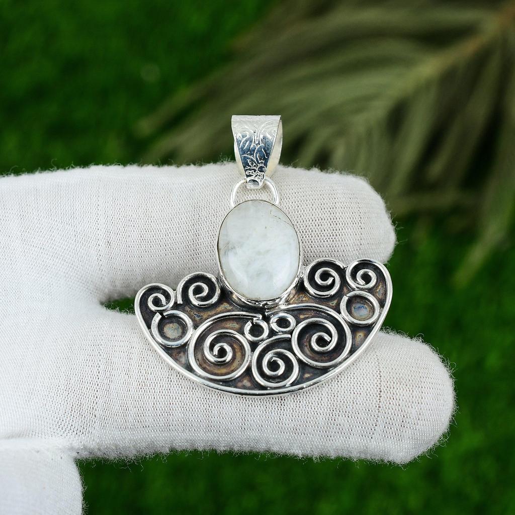 Sisters Day Deal Natural Rainbow Moonstone Sterling Silver Crown Chakra Pendant