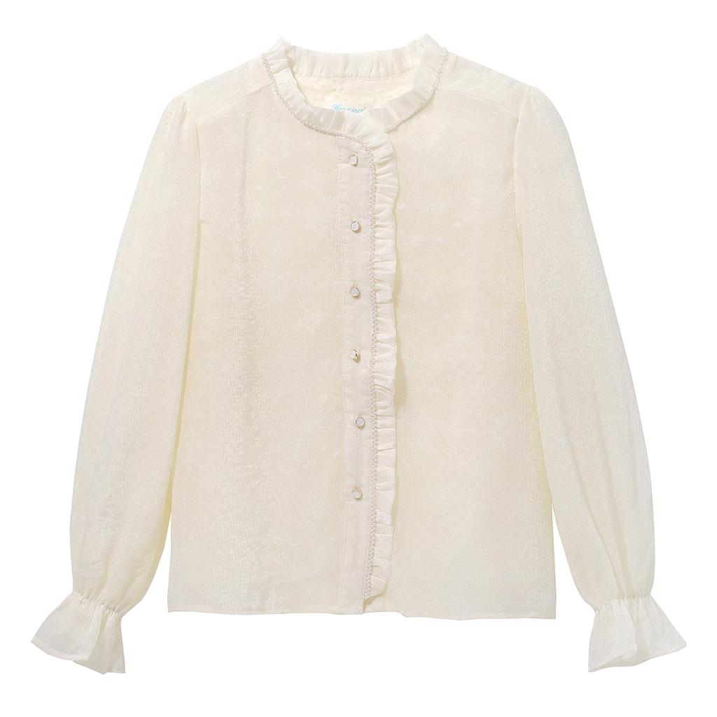 Мода осень 2024 длинный рукав воротник стойка бисер кружево шифон блузка рубашка женские топы блузки рубашки J427