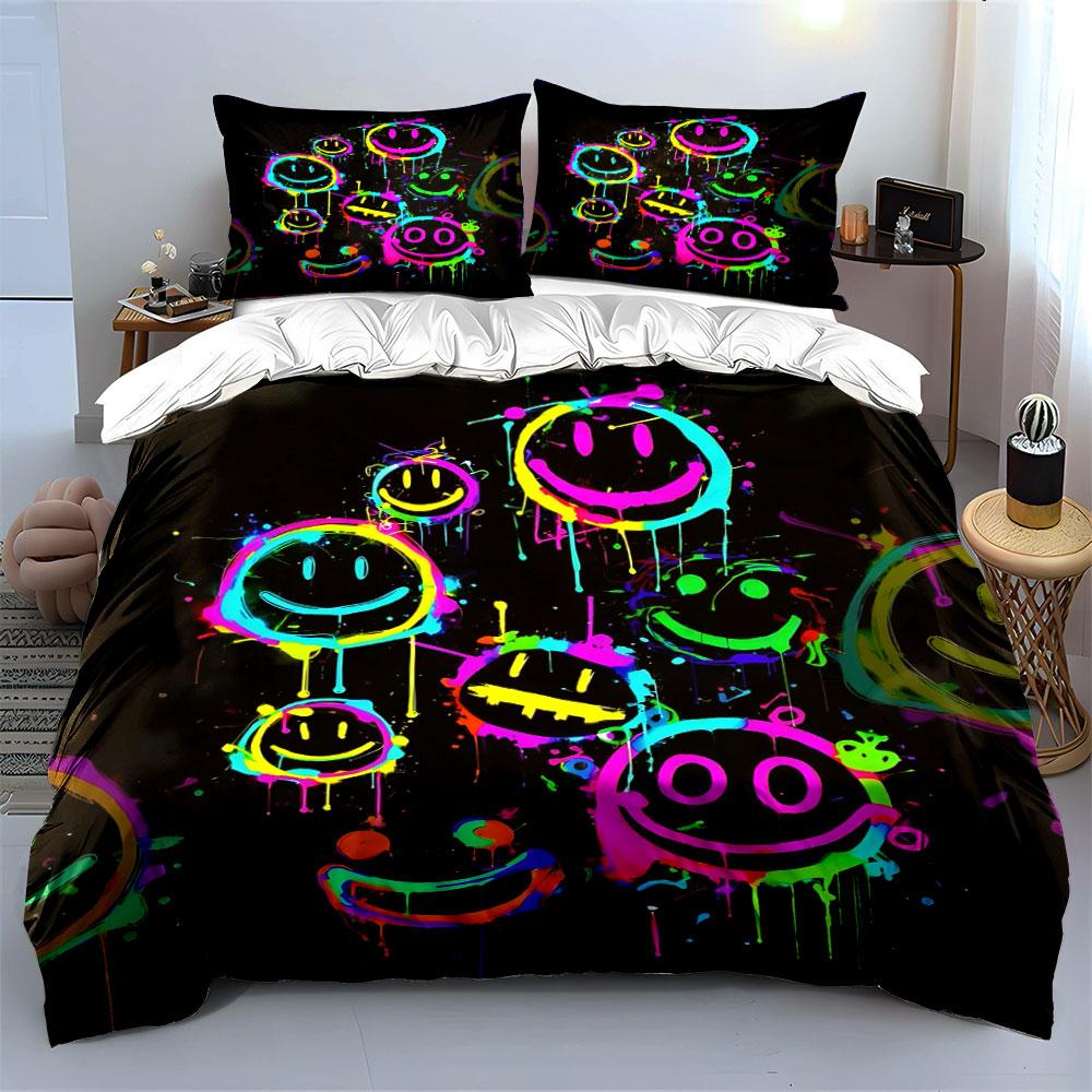 Colorful Neon Smiley Faces Pattern Bedding Duvet Cover Set (1*Duvet Cover 2*Pillowcases, without duvet insert)