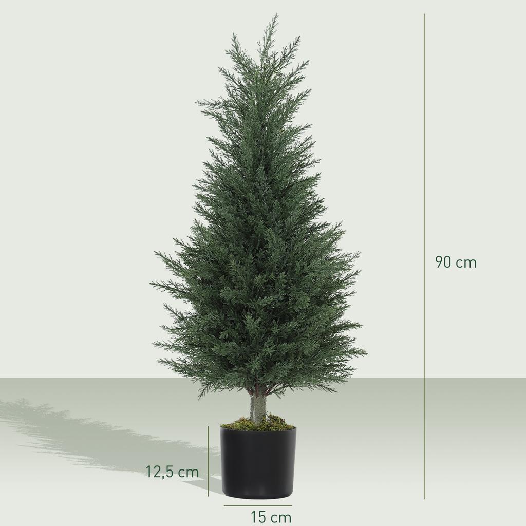 Set of 2 Artificial Cypress Plants, 362 Plastic Leaves, Pot, UV-Resistant, Green