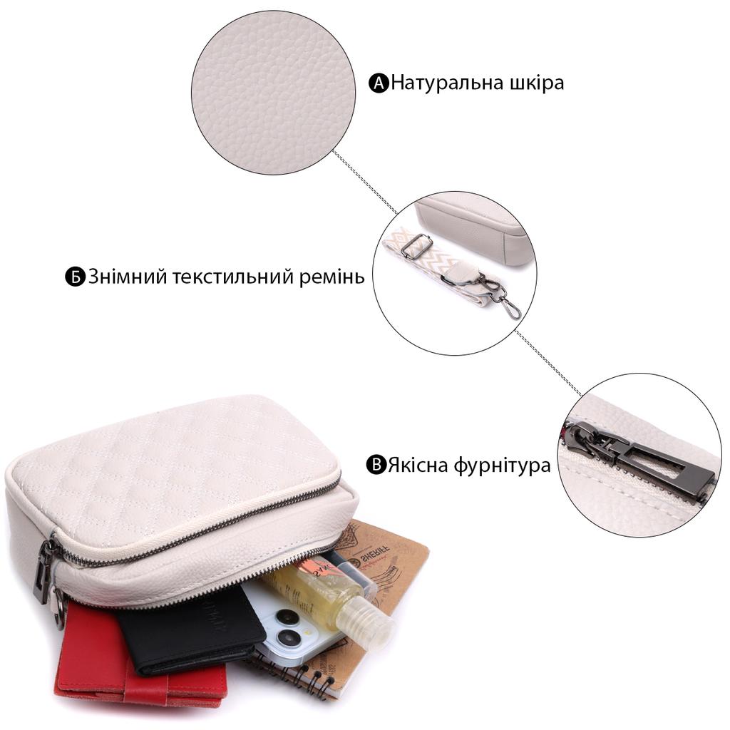 Bag for Women Stitched with Diamonds On the Front Side Made of Genuine Leather Vintage 22633 White