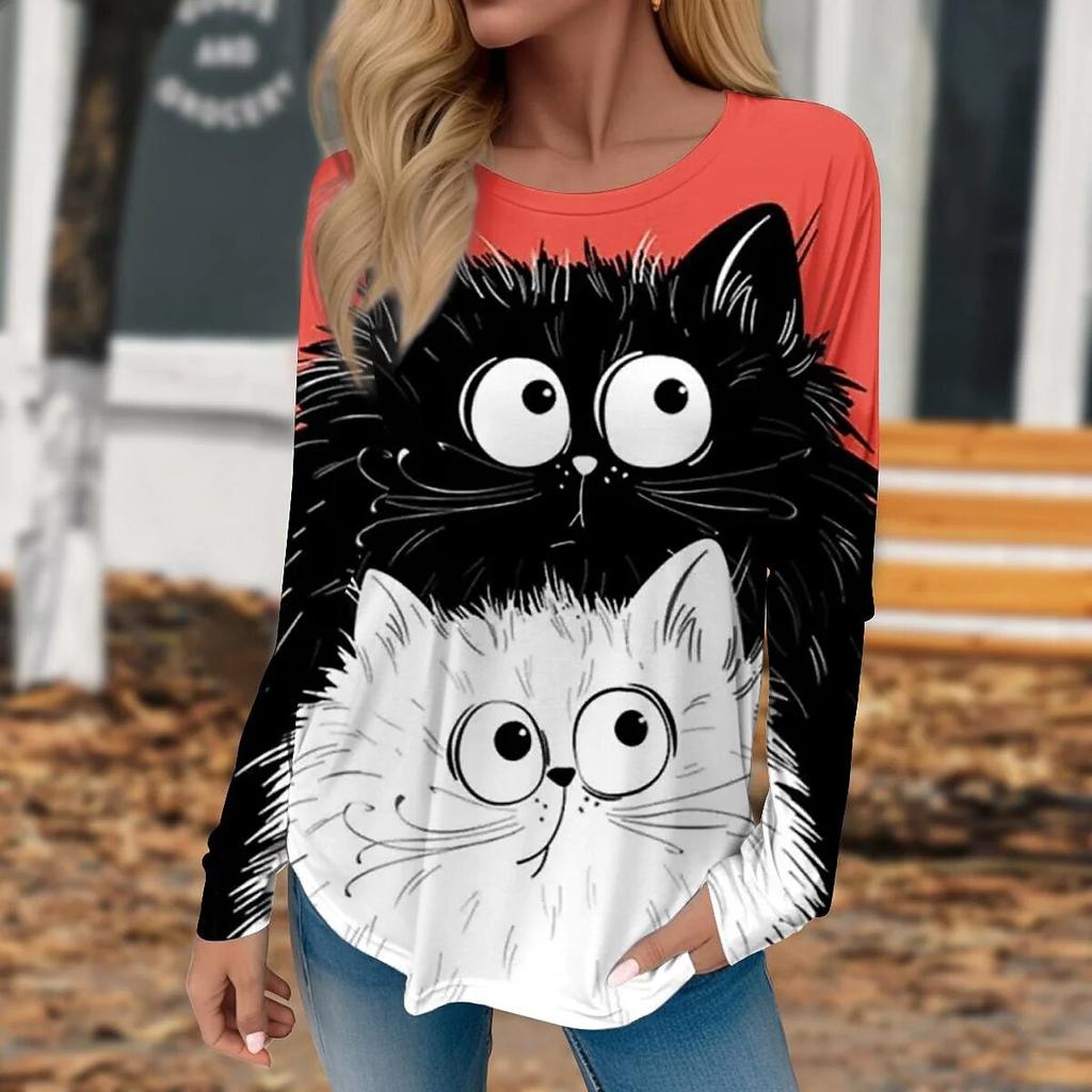 Женские осенние топы с длинными рукавами и 3d кошачьим принтом, женская футболка, красочный мультяшный кавайный хлопок с круглым вырезом, женская одежда большого размера