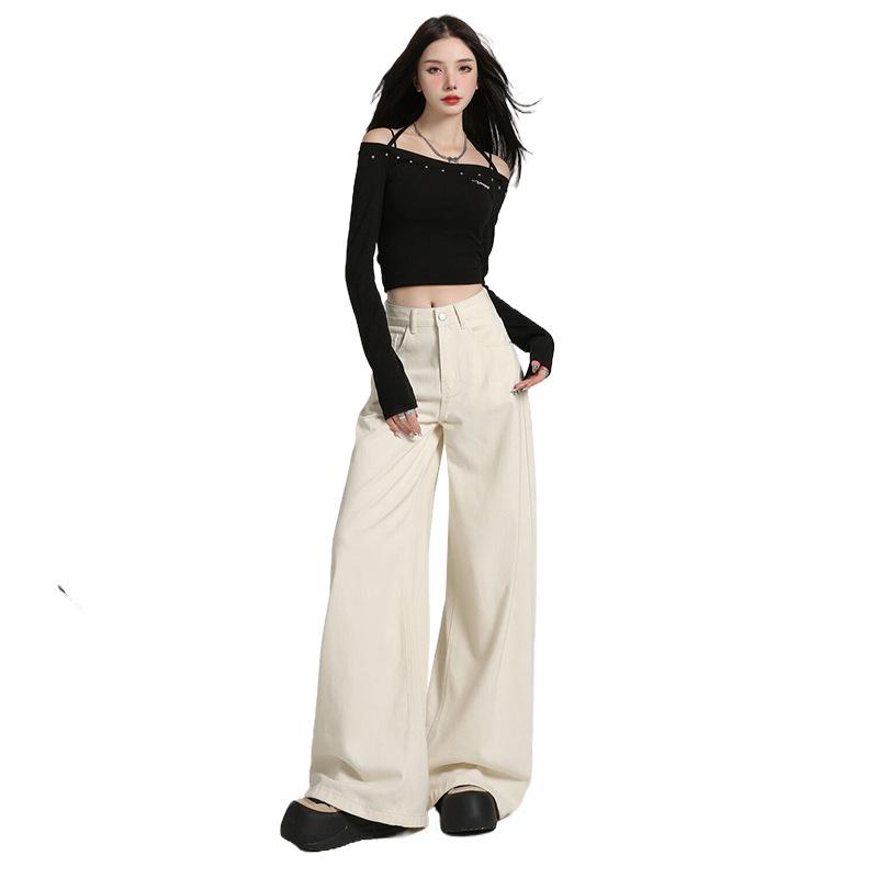 Женские белые джинсы с широкими штанинами и высокой талией, с драпировкой — свободный покрой в корейском стиле на осень