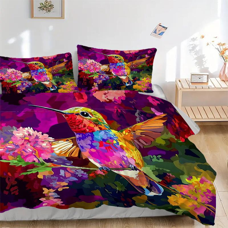 3pcs Hummingbird in a Vibrant Garden Quilt Cover Set - Soft & Comfortable Polyester Fabric, All-Season Breathable Comforter Set For 1 Quilt Cover