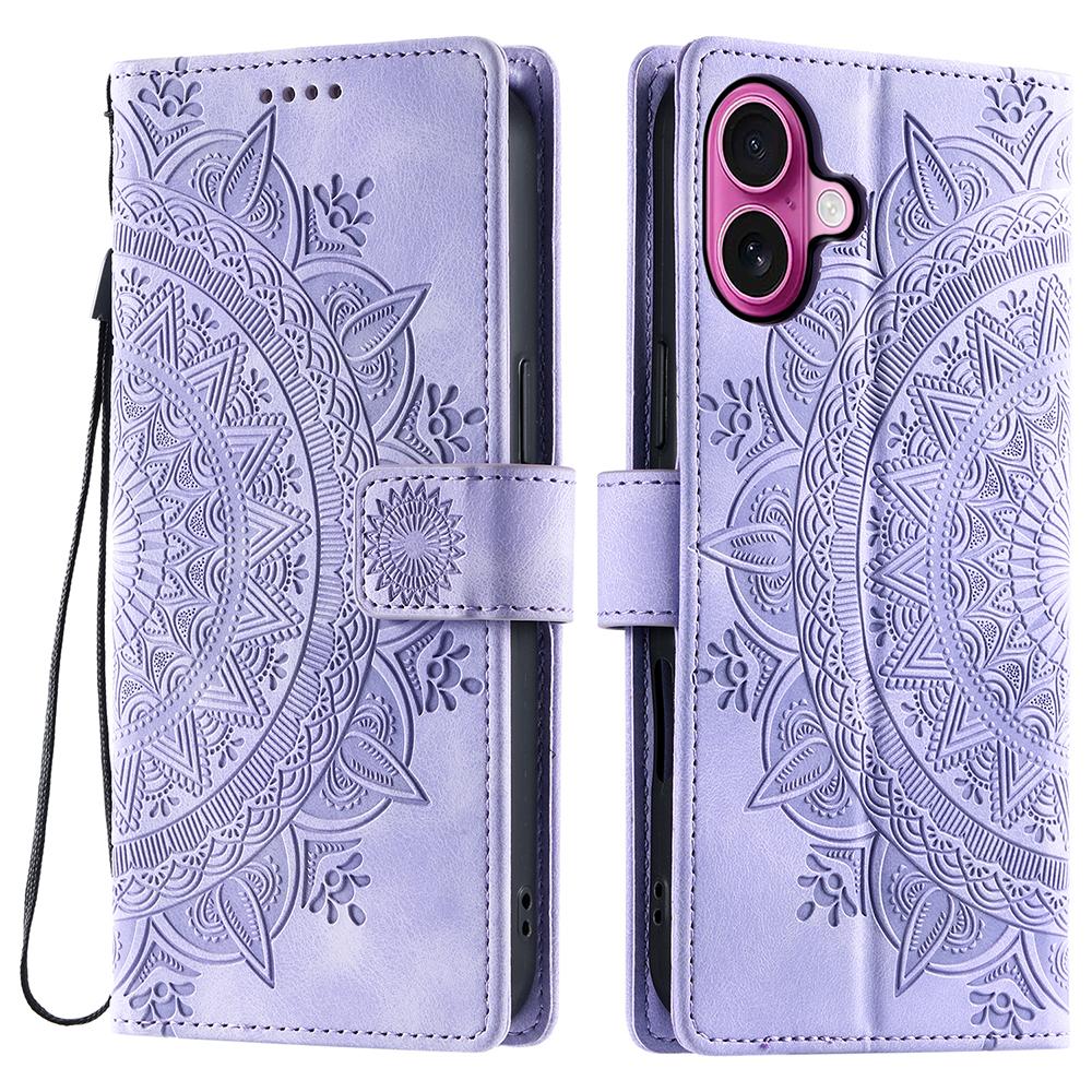 Style 018 For iPhone 16 Case Imprinted Totem Skin Feel Wallet Leather Phone Cover - Grey