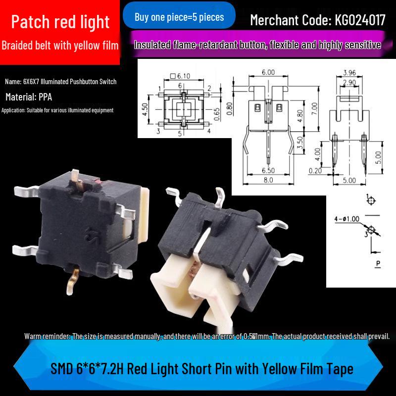 LED Luminous Tactile Switch 6x6x7/7.2mm Through-Hole Reset Button
