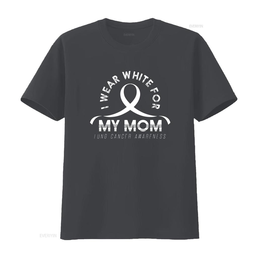 Womens T Shirt I Wear White For My Mom Ribbon Lung Cancer Awareness Black 2XL vintage Washed Breathable Comfortable Stylish