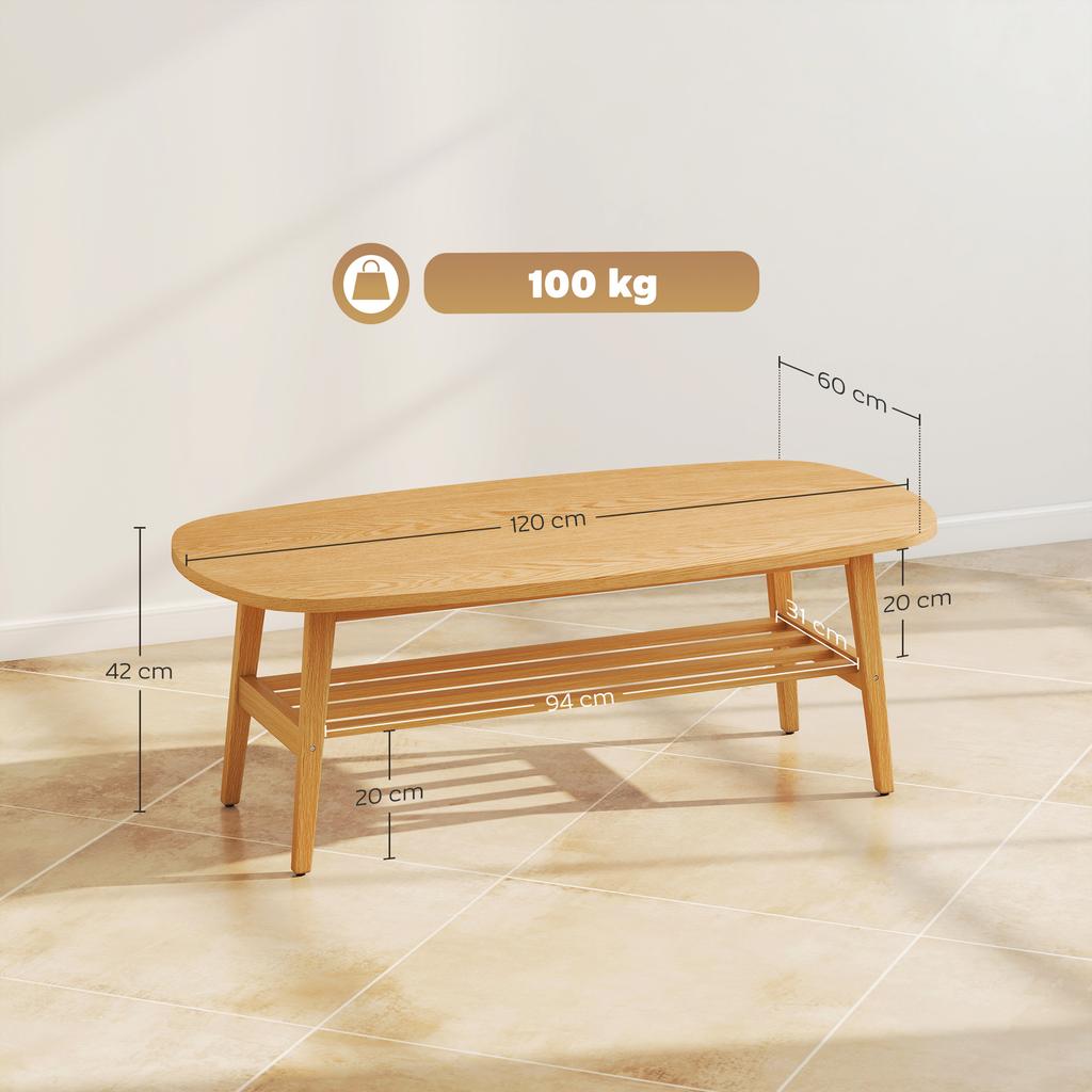 Coffee Table Living Room Table with Shelf, Coffee Table for Living Room, Bedroom, 120 x 60 x 42 cm, Natural Wood