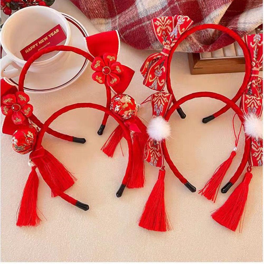 Tassel Chinese New Year Headwear Plush Ball Red Hairband Sweet Hanfu Hair Bun Hair Hoop Children